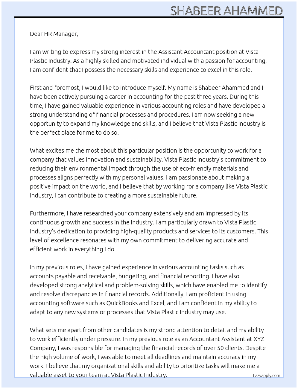 Assistant Accoutant At Vista plastic industry Cover Letter