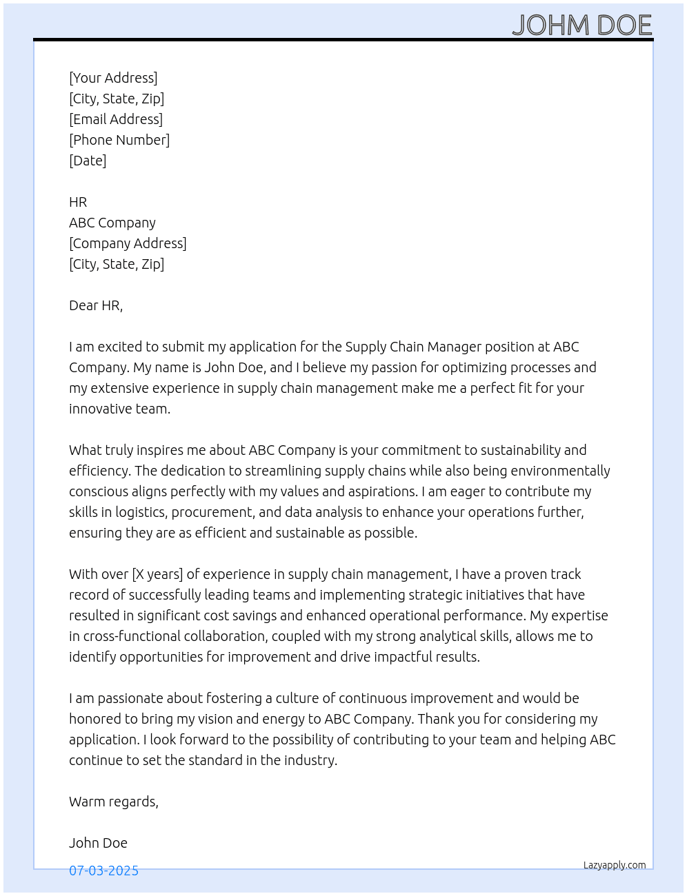 Cover letter for supply chain manager - LazyApply
