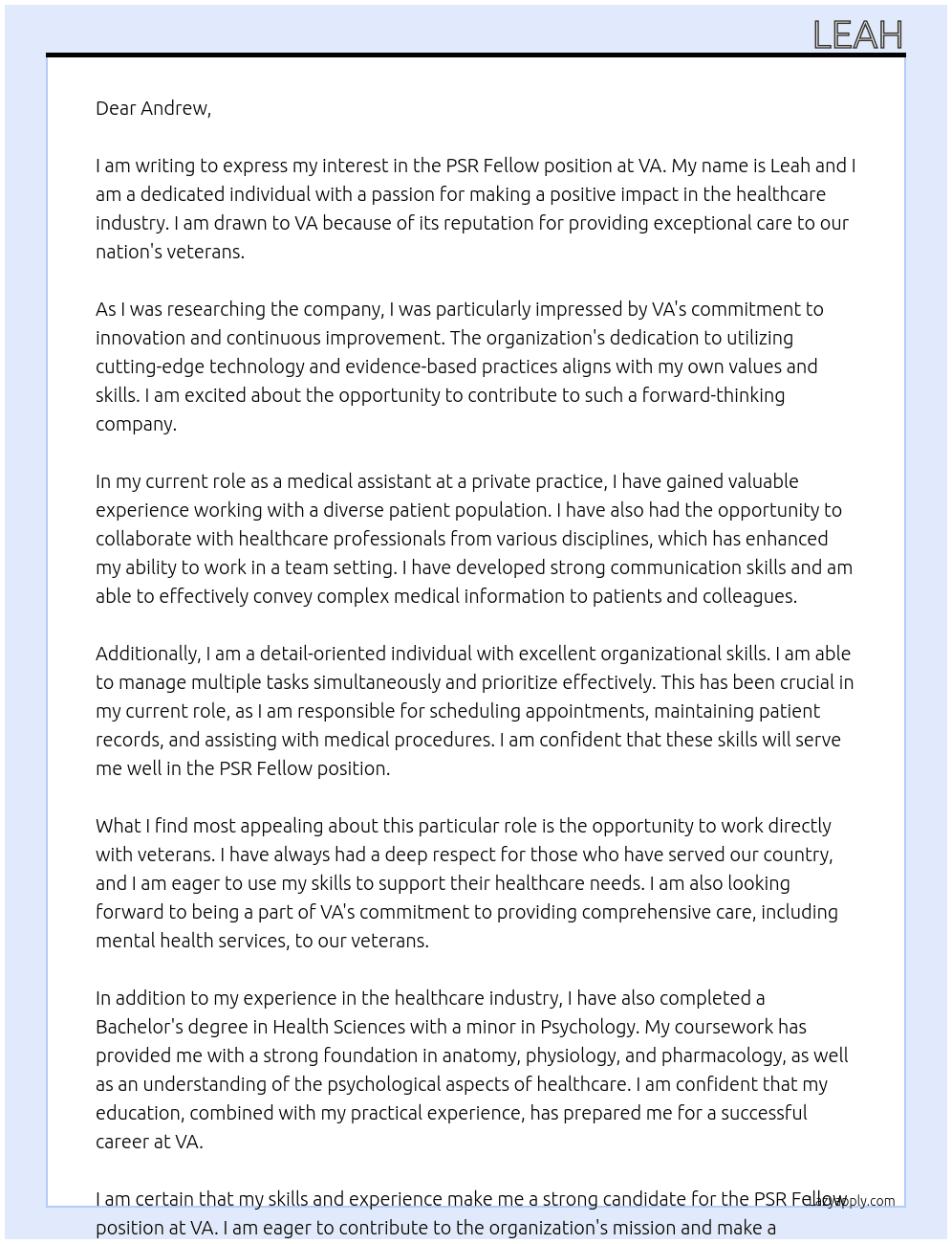 PSR Fellow At VA Cover Letter