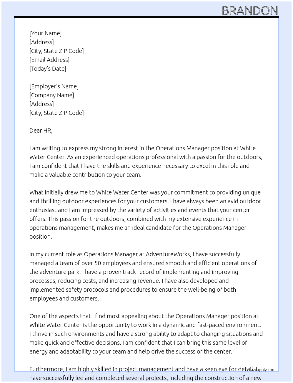 Operations Manager At White Water Center Cover Letter