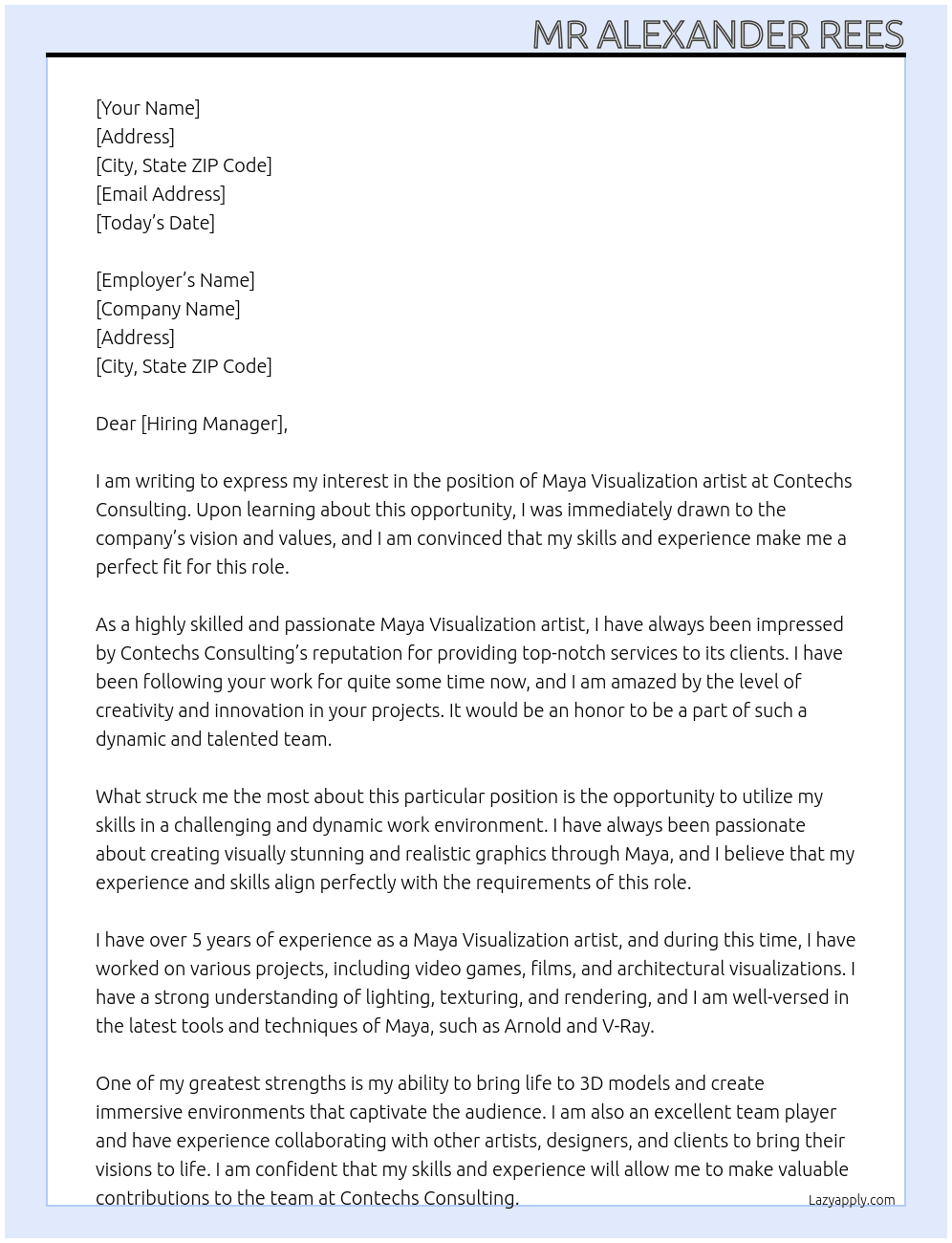Maya Visualization artist At Contechs Consulting Cover Letter