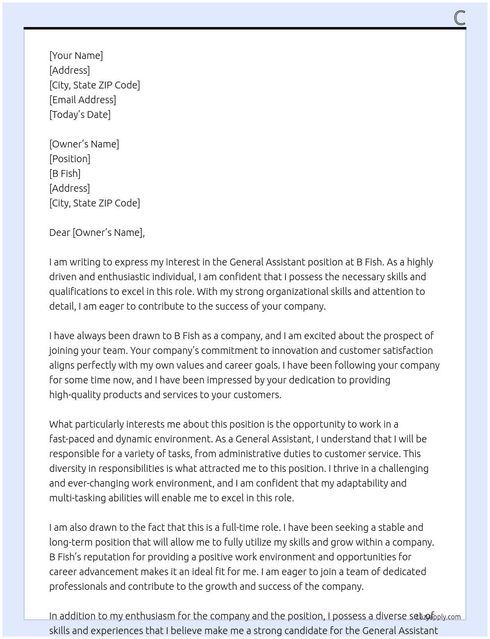 General Assistant At B Fish  Cover Letter