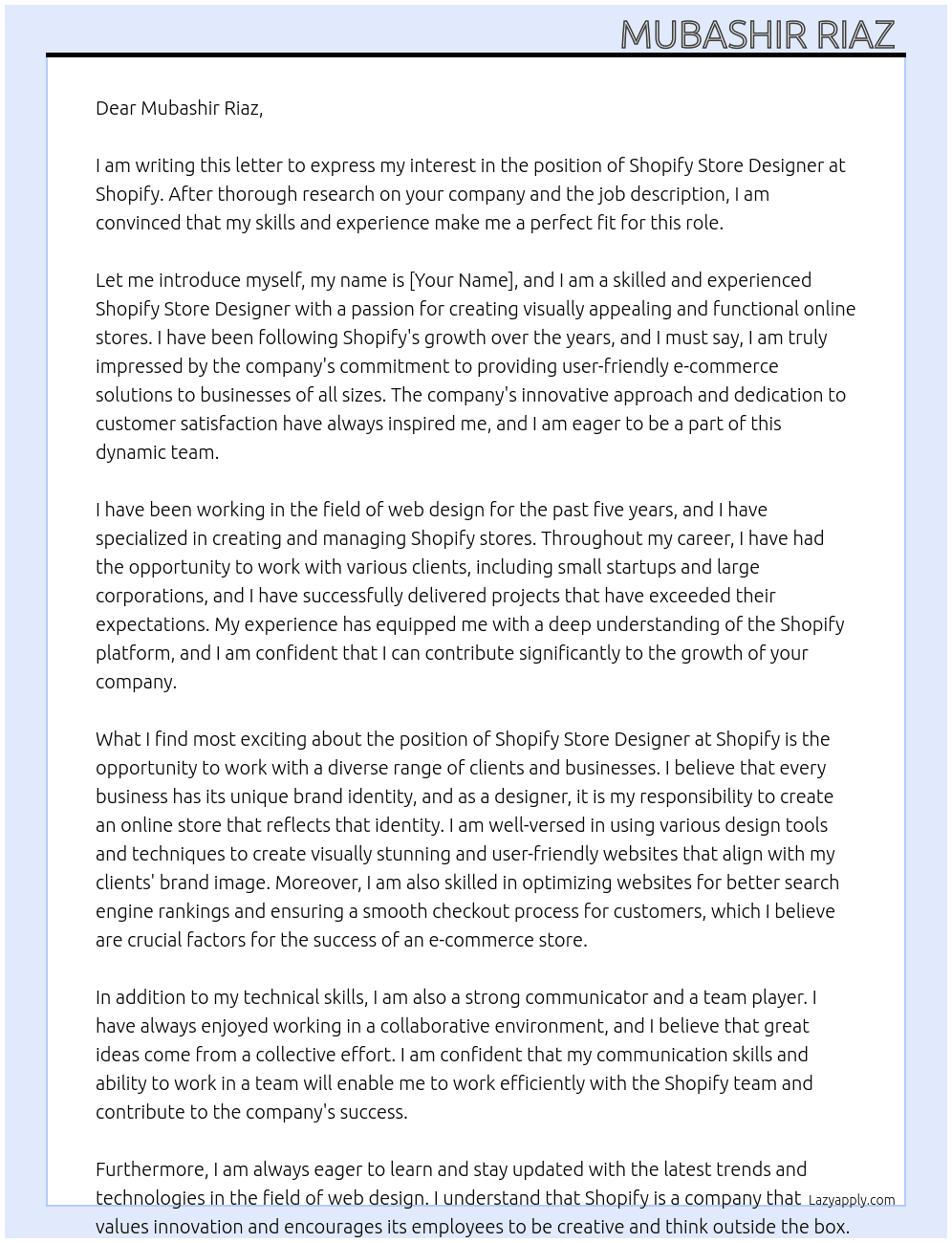 Shopify Store Designer  At Shopify  Cover Letter