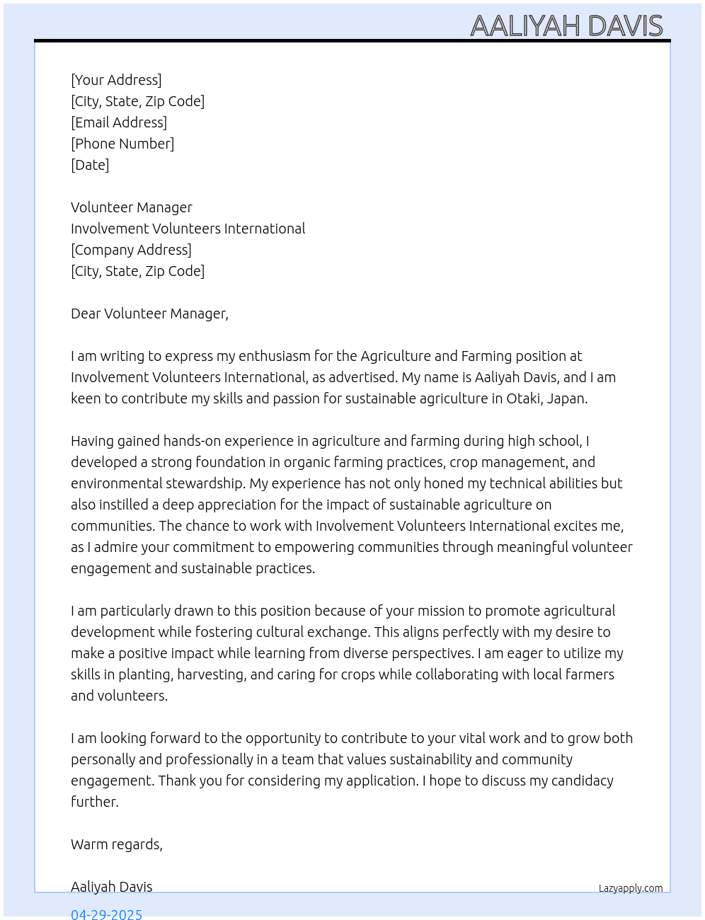 Agriculture and Farming  At Involvement Volunteers International Cover Letter