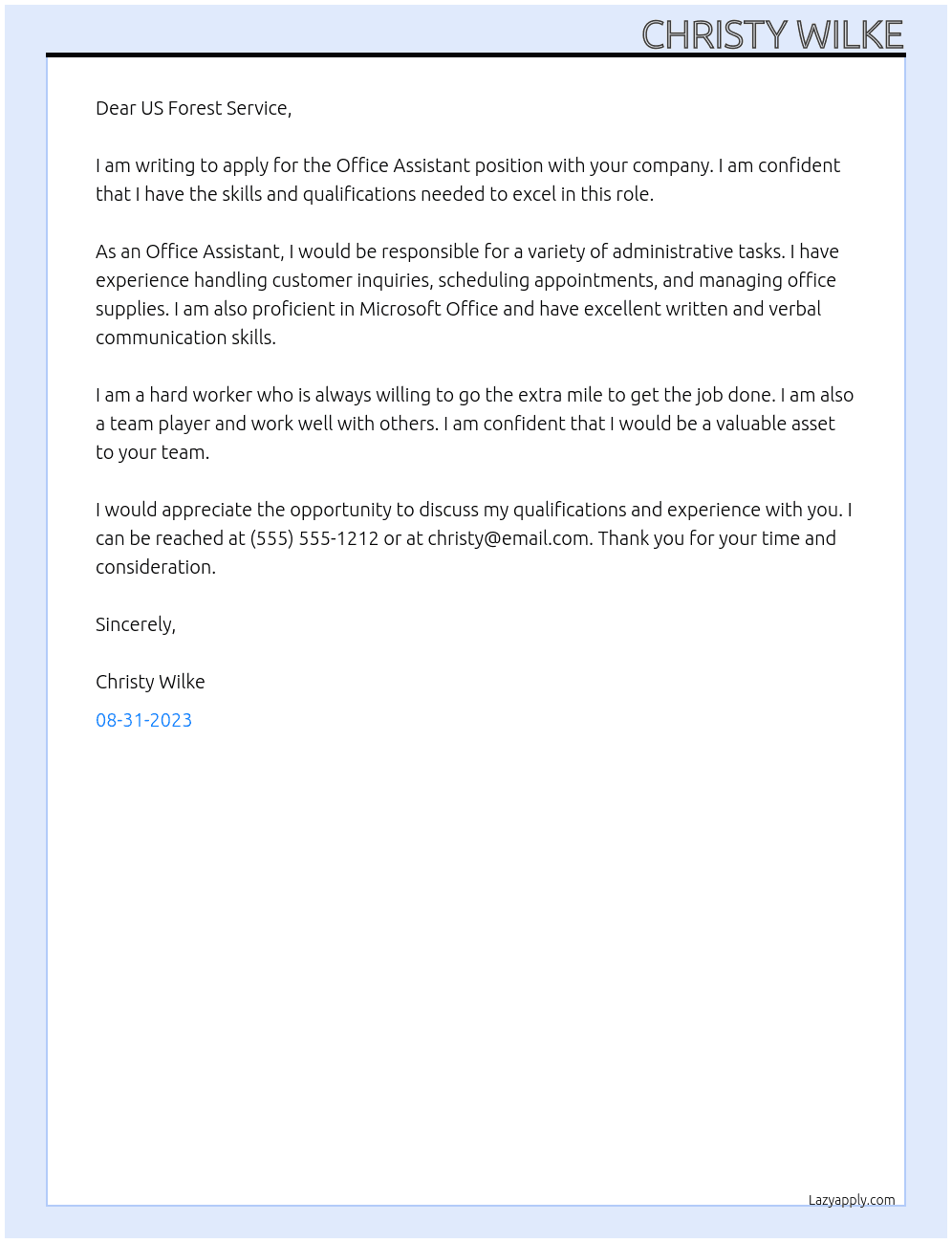 Office Assistant At US Forest Service Cover Letter