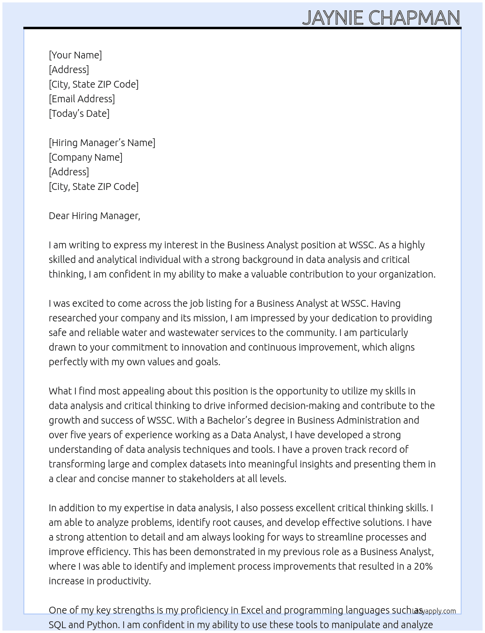 Business Analyst At WSSC Cover Letter
