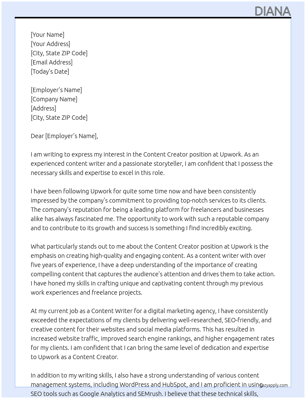 Content Creator At Upwork Cover Letter