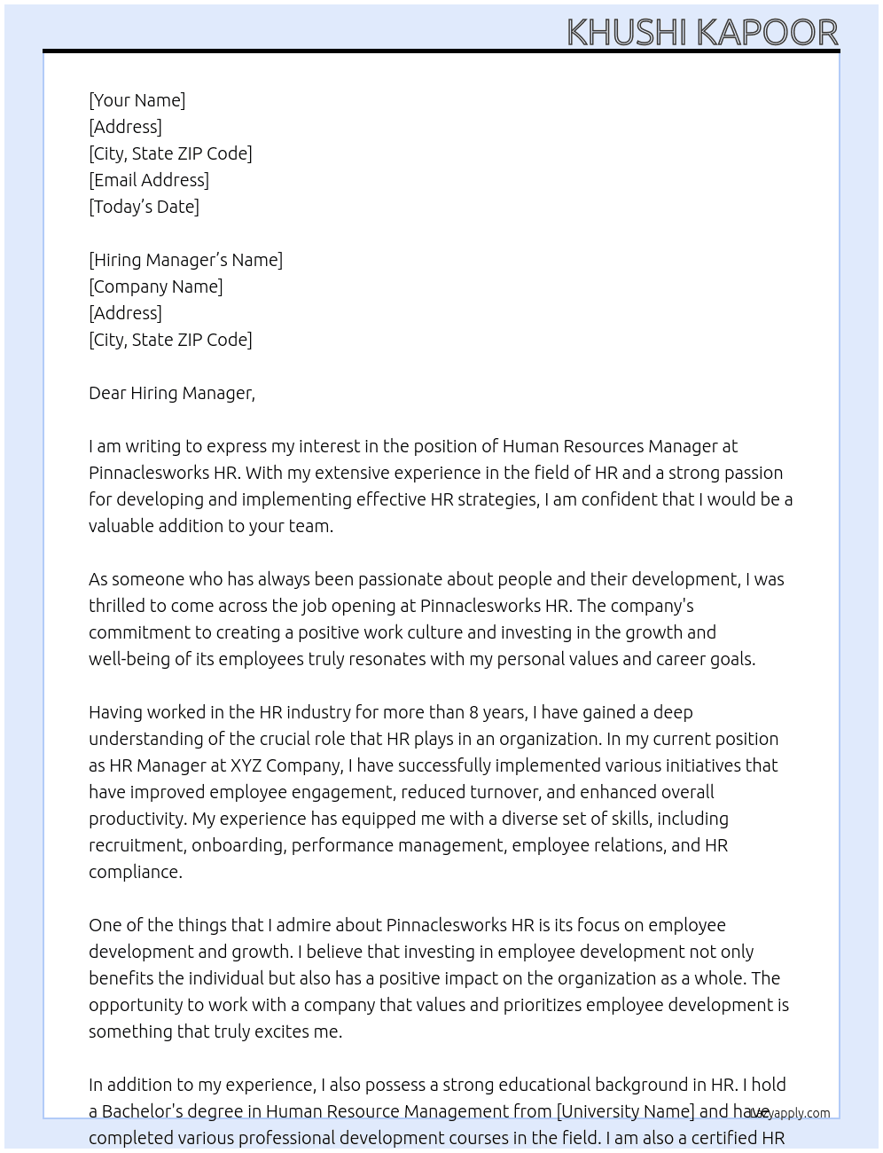 Human resources manager  At Pinnaclesworks hr  Cover Letter