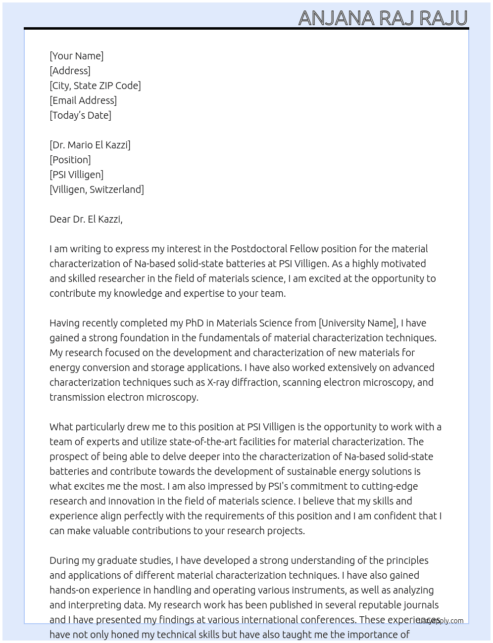 Postdoctoral Fellow for the material characterization of Na-based solid-state batteries At PSI Villigen Cover Letter