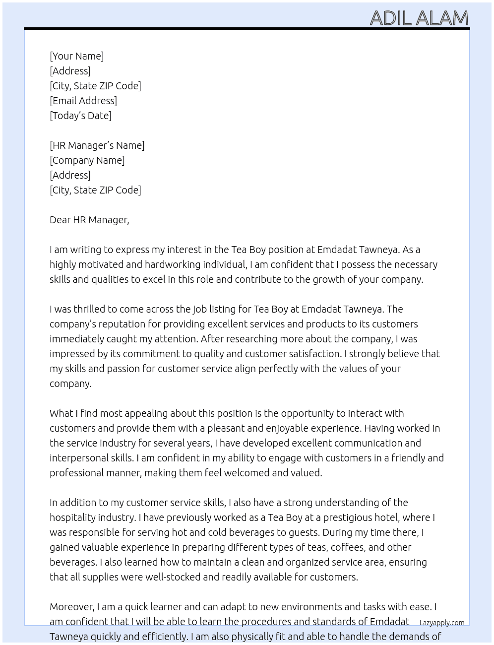 Tea Boy At Emdadat Tawneya  Cover Letter