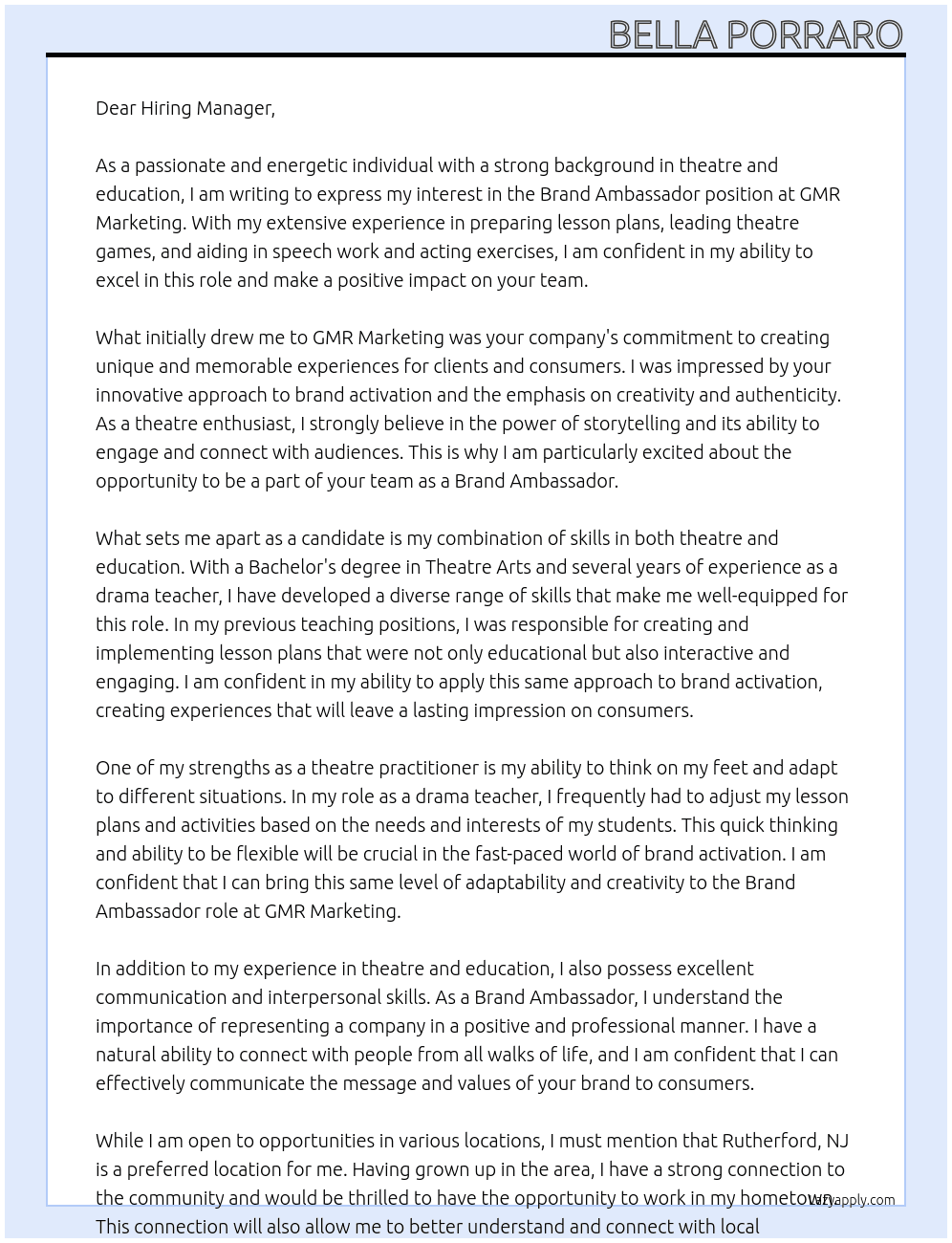 Brand Ambassador  At GMR Marketing Cover Letter