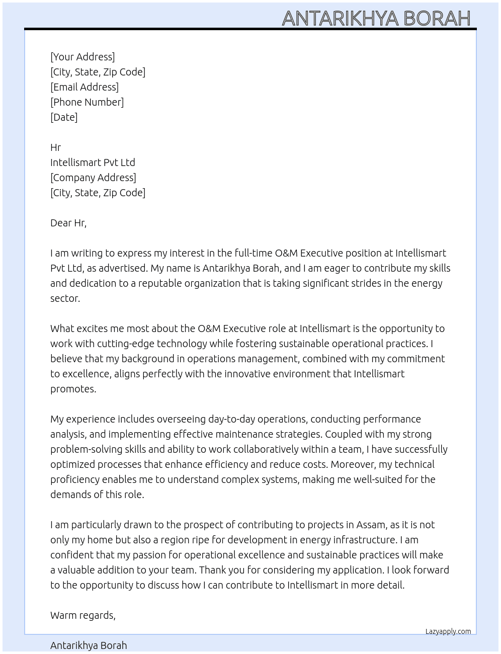 Cover letter for o&m executive - LazyApply