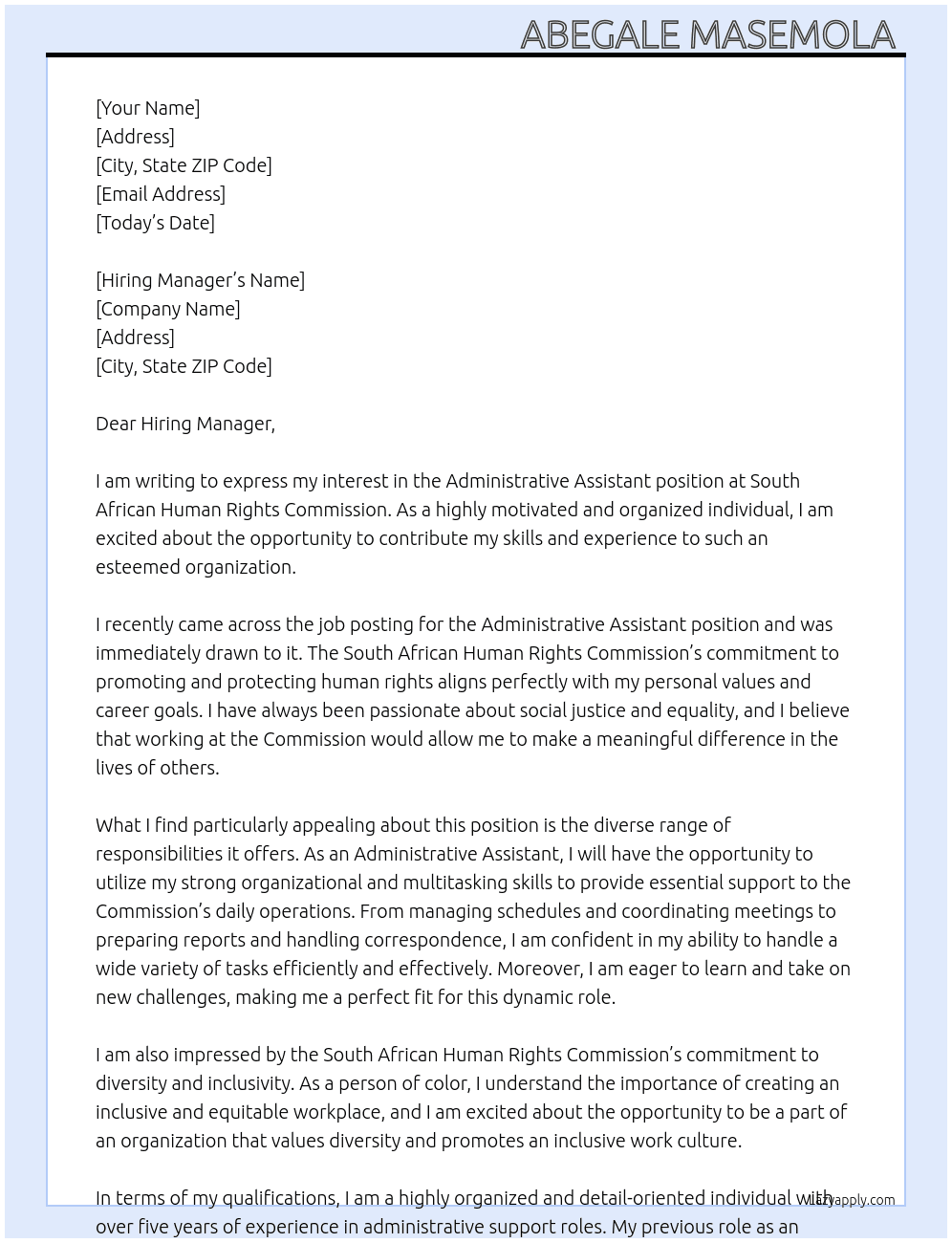 Administrative Assistant  At South African Human Rights Commission  Cover Letter
