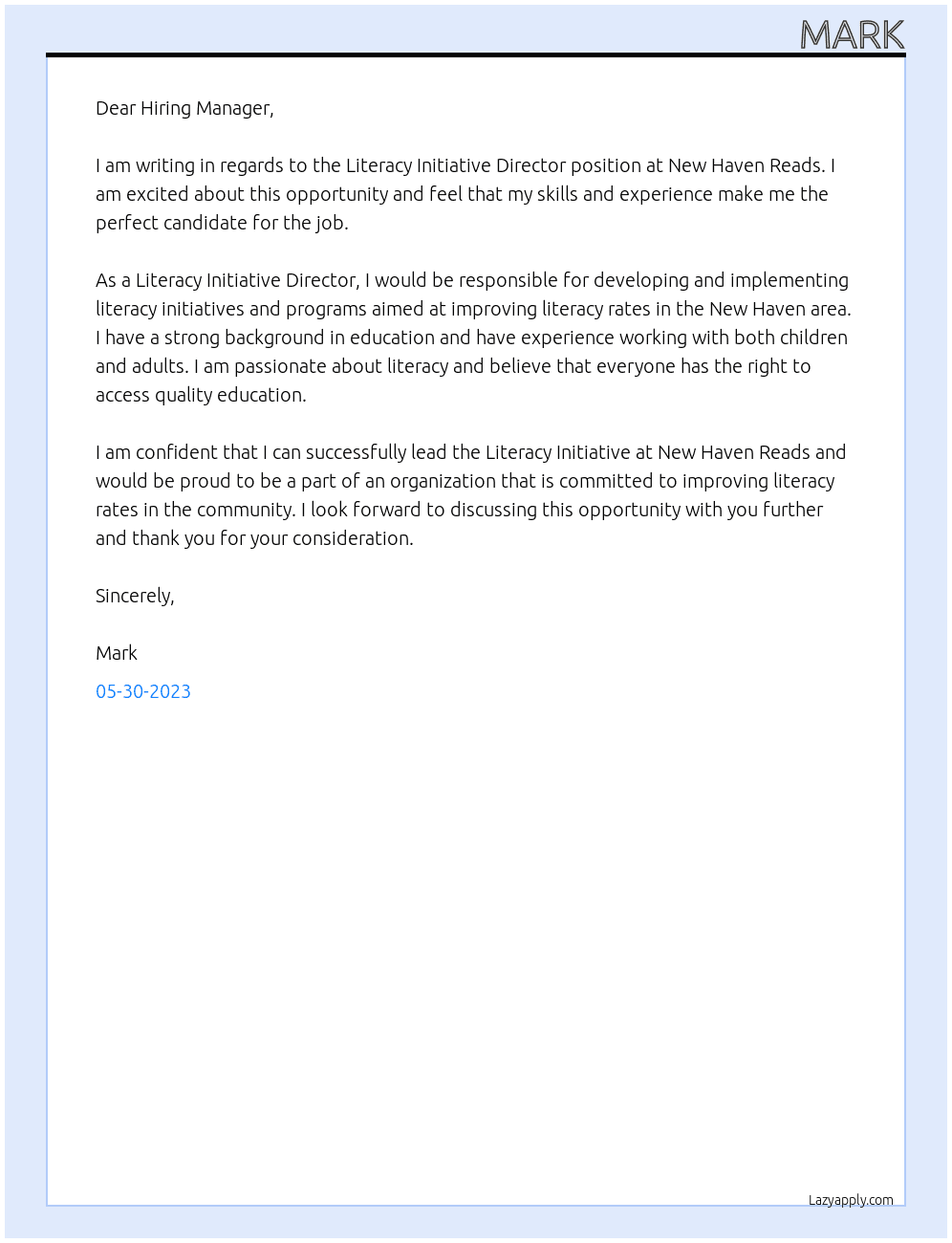 Literacy Initiative Director At New Haven Reads Cover Letter