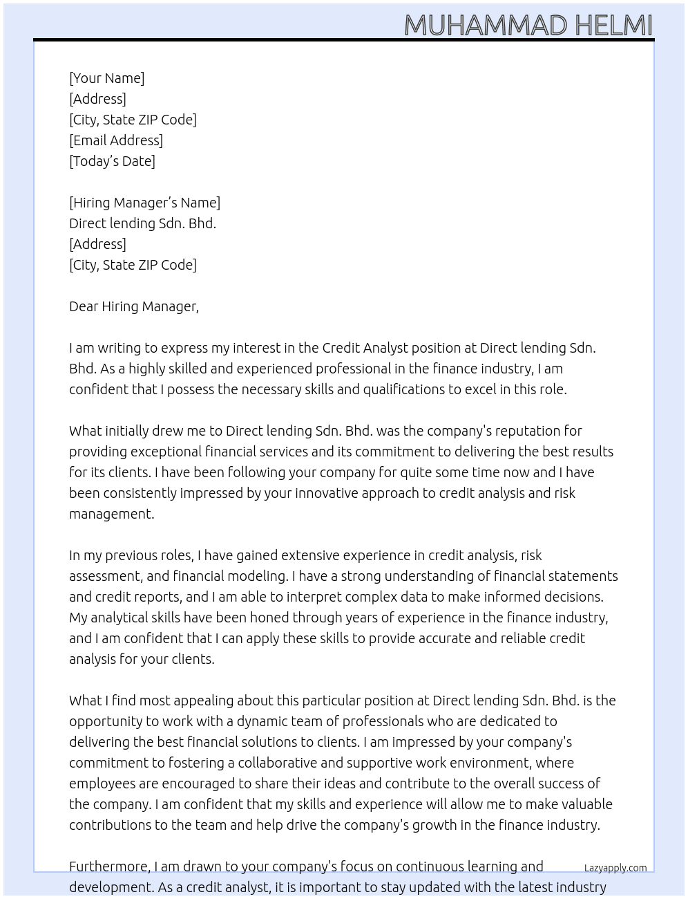 Credit analyst At Direct lending Sdn. Bhd. Cover Letter