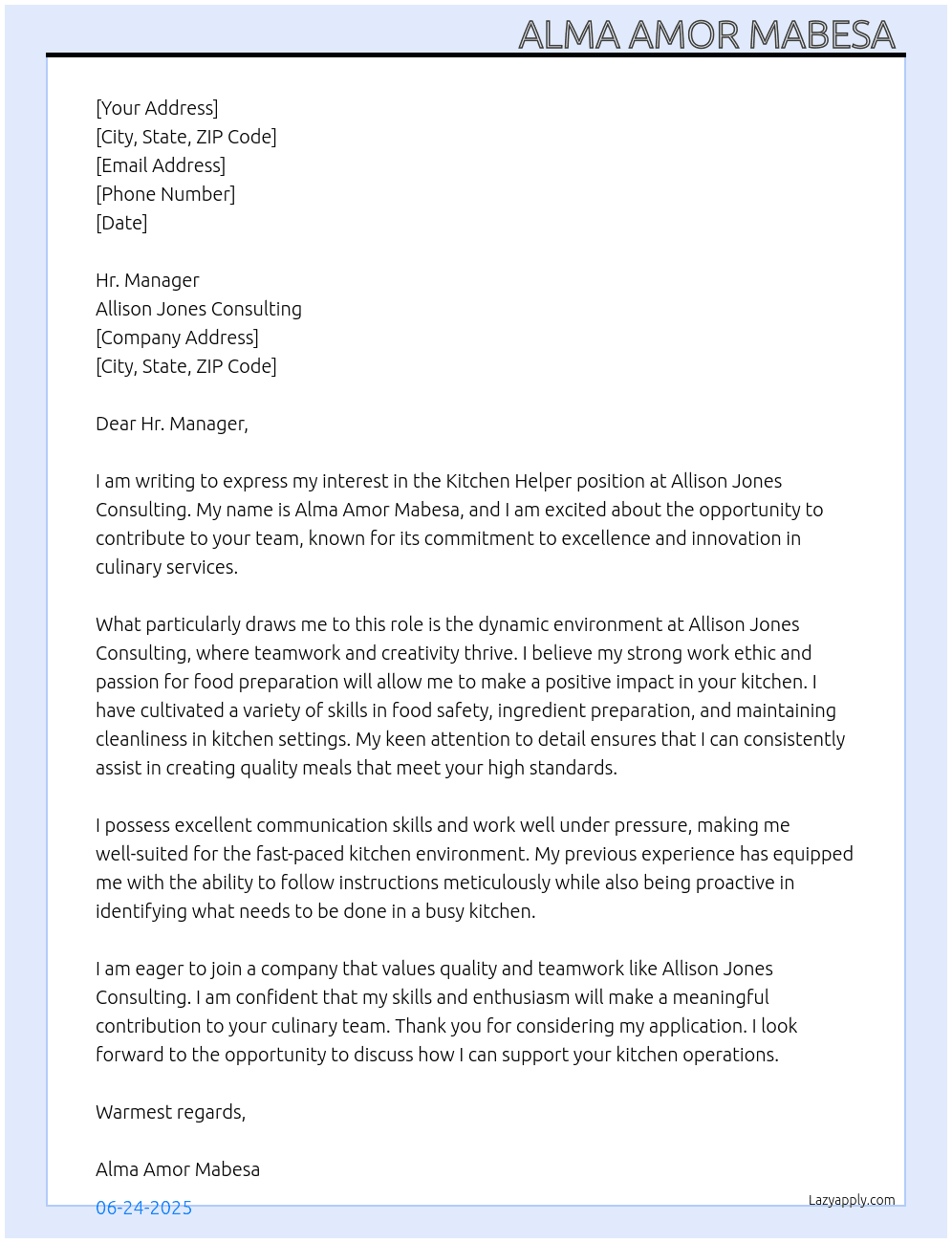Kitchen Helper  At Allison Jones Consulting  Cover Letter