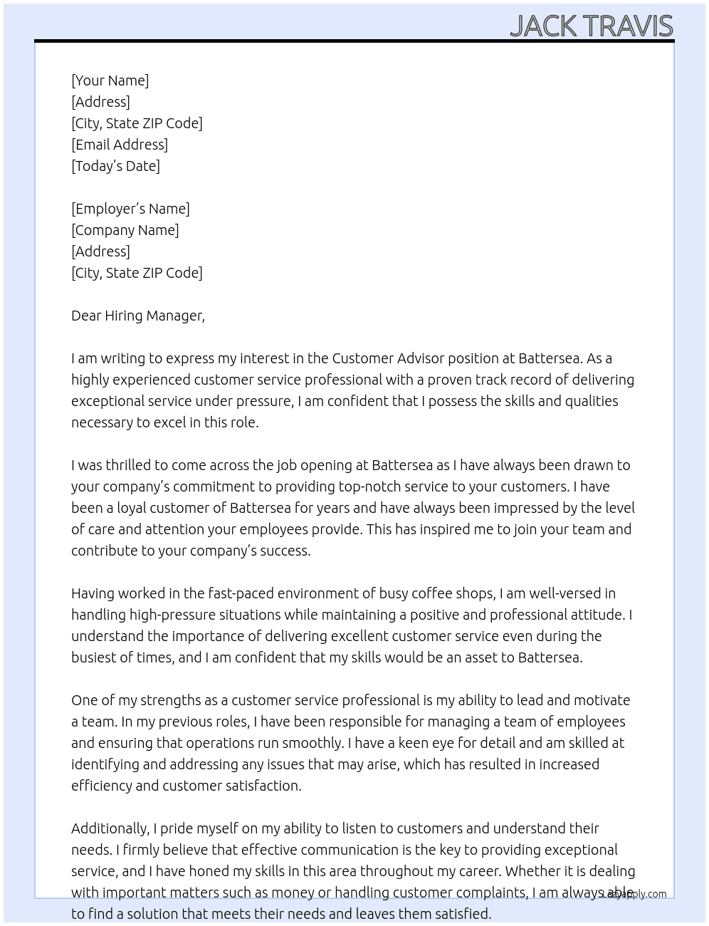 Customer advisor  At Battersea  Cover Letter
