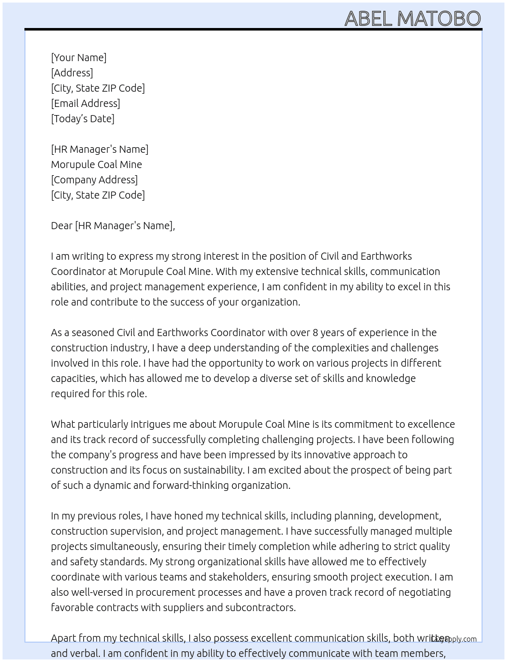 Cover letter for civil and earthworks coordinator - LazyApply
