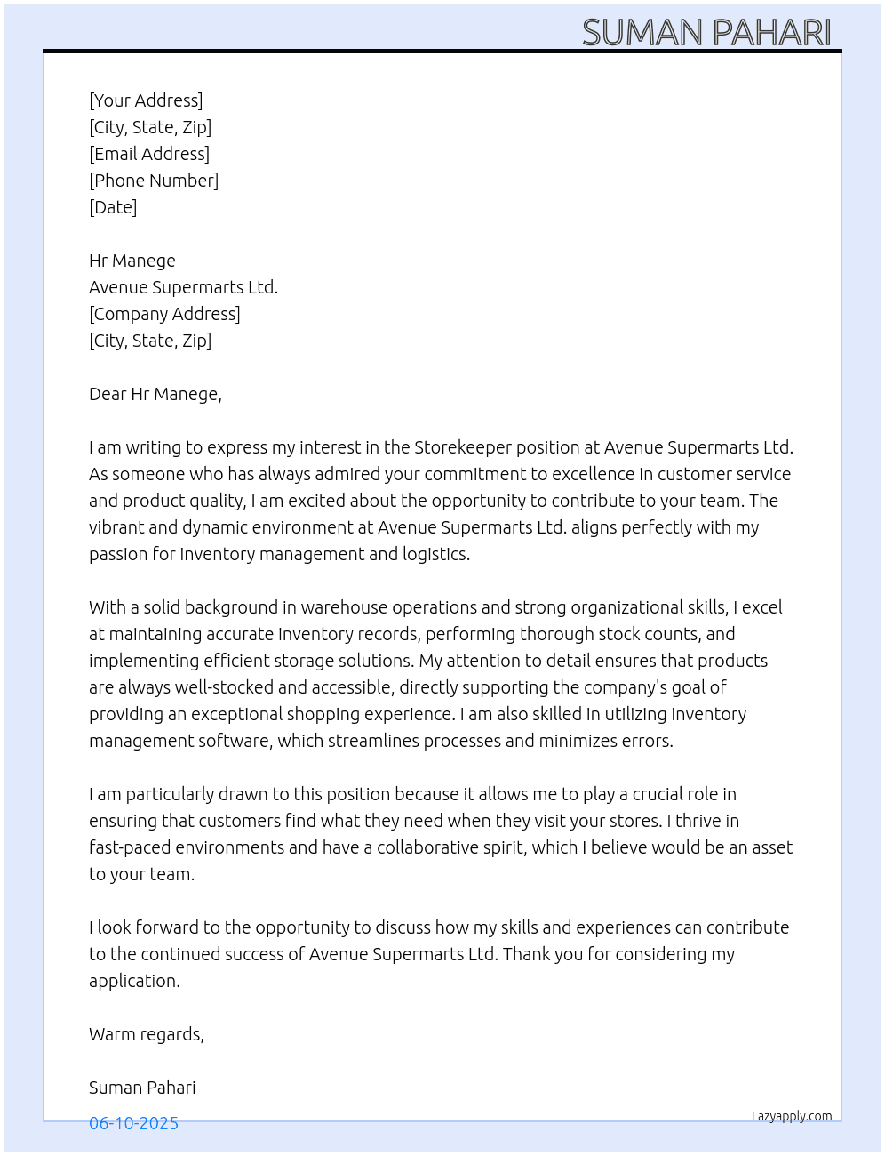 Storekeeper  At Avenue Supermarts Ltd. Cover Letter