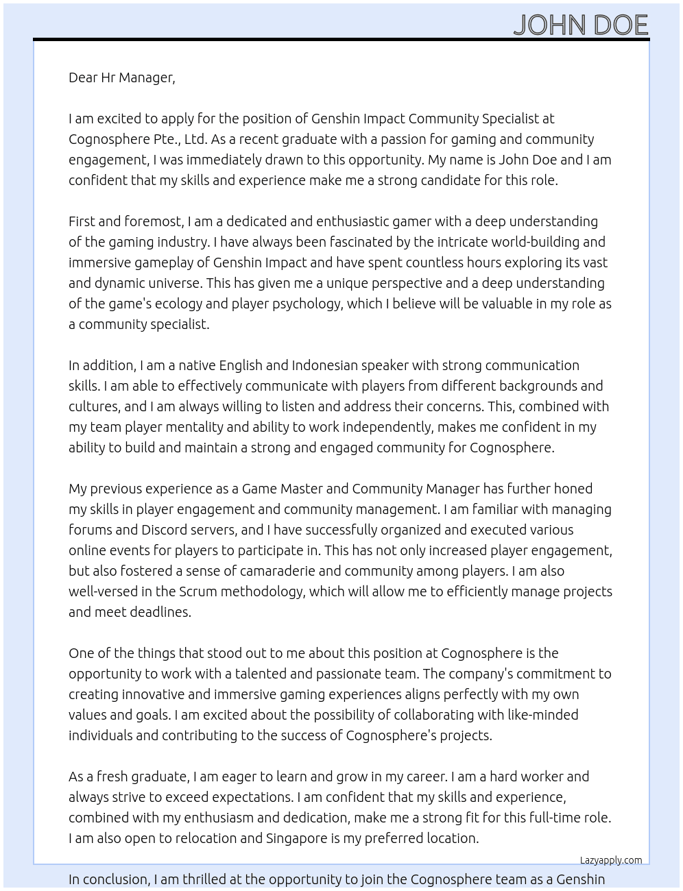 Genshin Impact Community Specialist (Player Engagement) - Fresh Graduate At Cognosphere Pte., Ltd. Cover Letter
