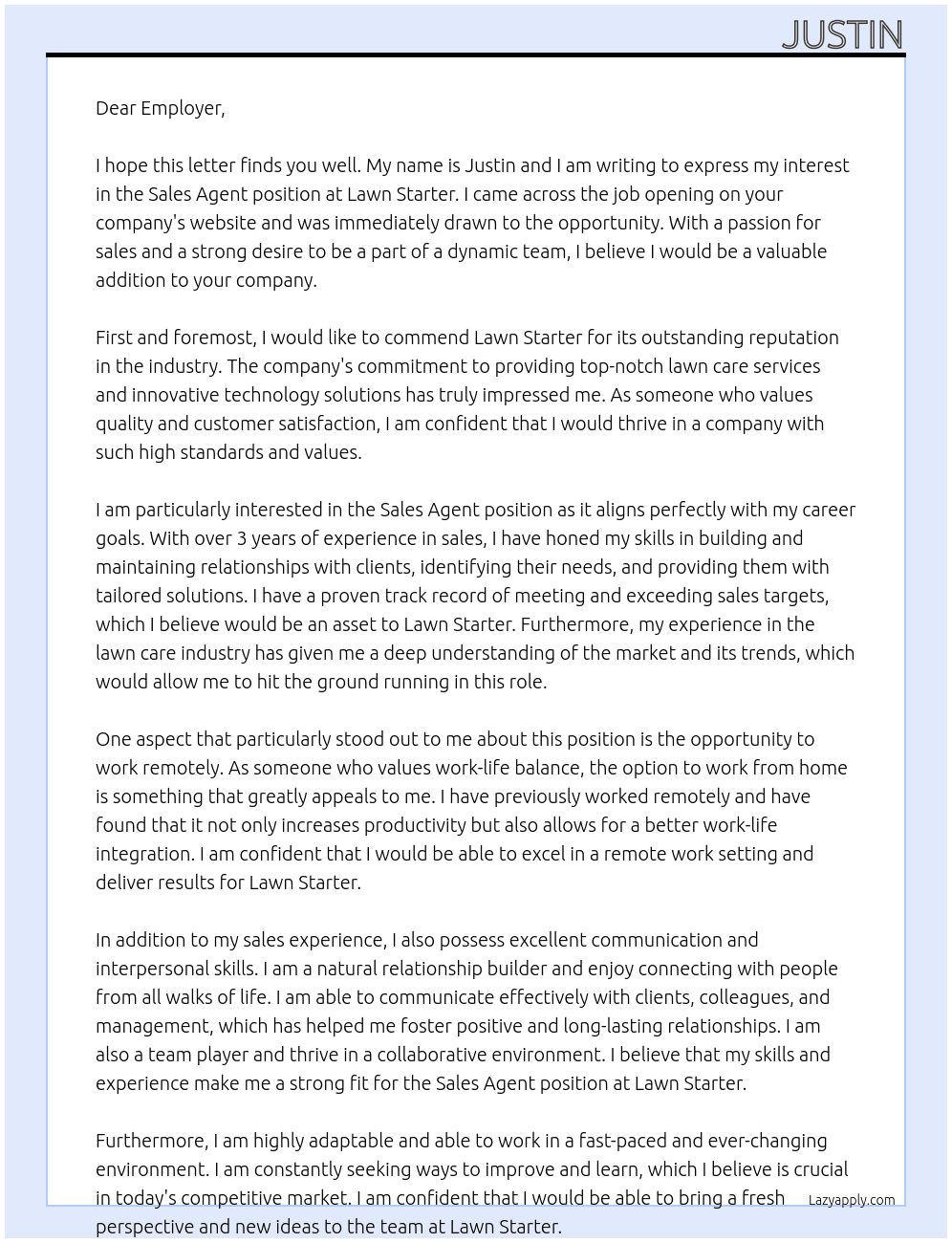  Sales Agent At Lawn Starter Cover Letter