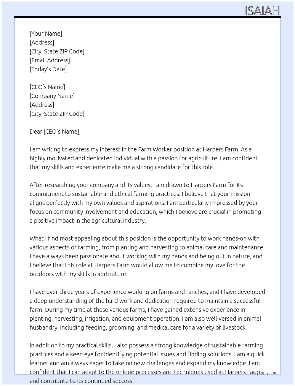Farm worker  At Harpers Farm Cover Letter