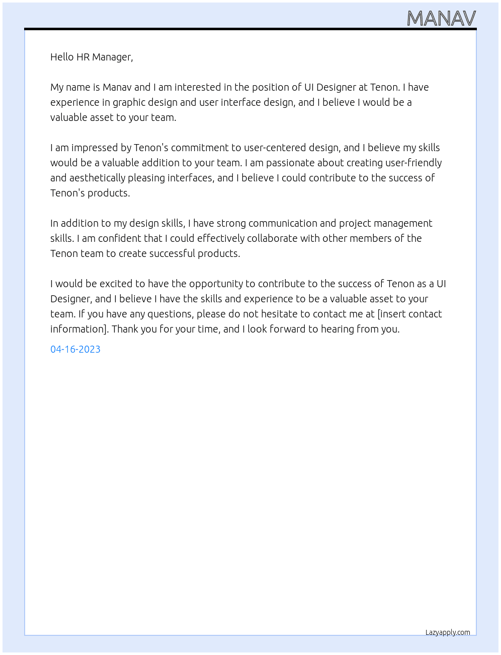 UI Designer At Tenon Cover Letter