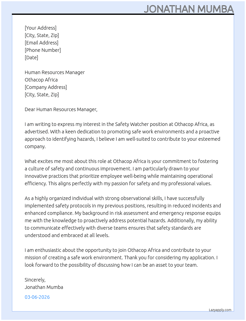 Cover letter for safety watcher - LazyApply