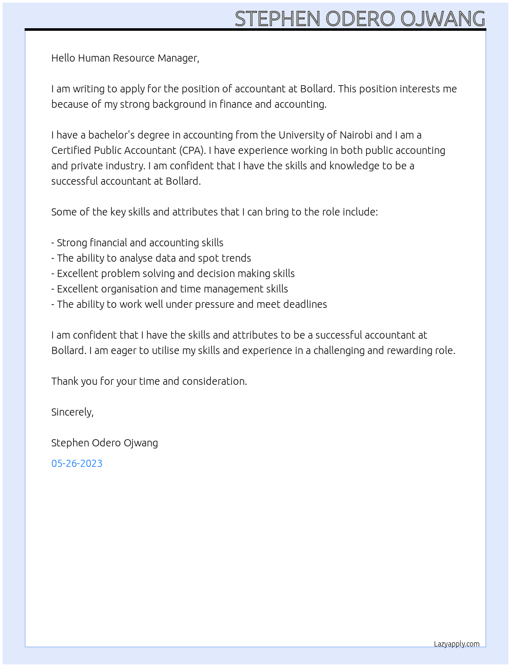 Accountant At Bollard Cover Letter