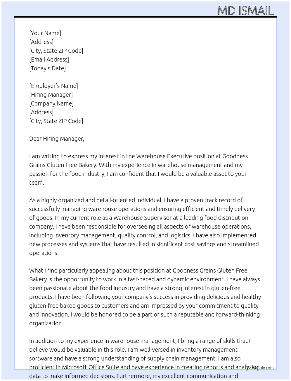 Warehouse Executive  At Goodness Grains Gluten Free Bakery Cover Letter