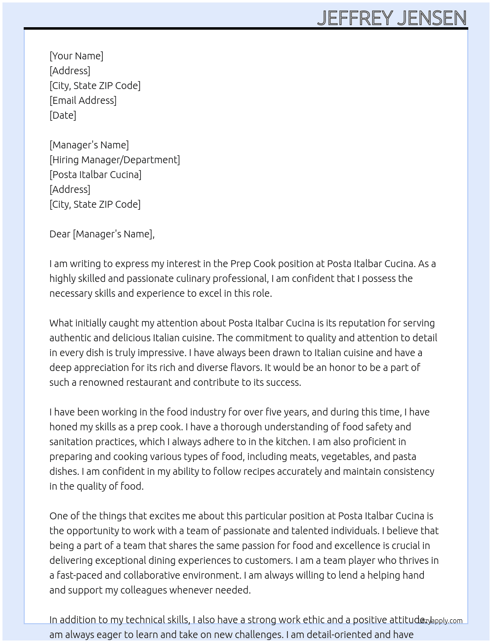 Prep Cook At Posta Italbar Cucina Cover Letter