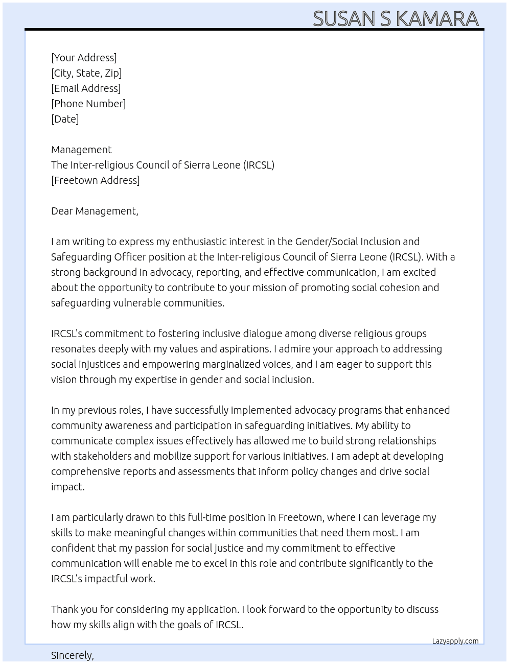 Cover letter for gender/social inclusion and safeguarding officer officer - LazyApply