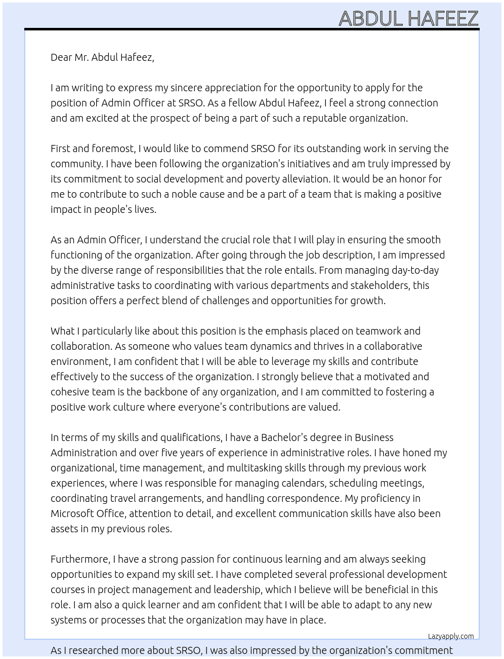 ADmin Officer At SRSO Cover Letter