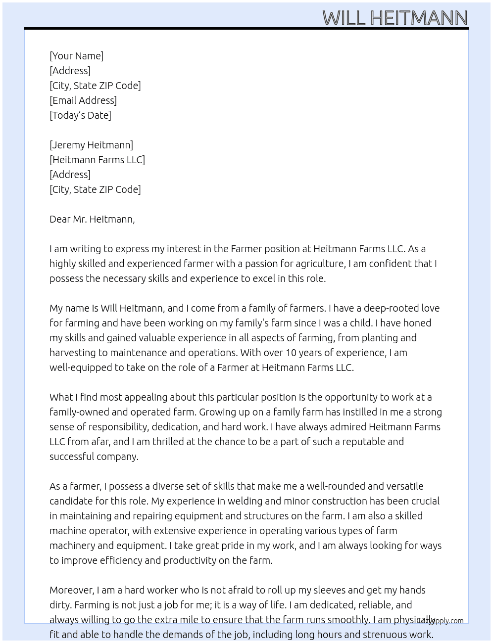 Farmer At Heitmann Farms LLC Cover Letter