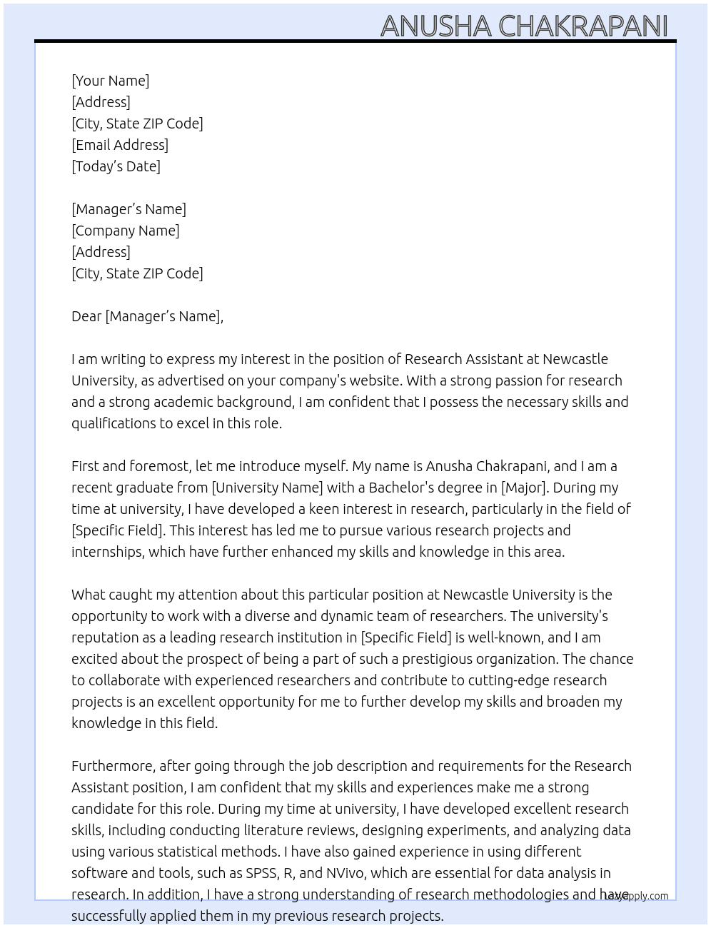 Research assistant  At Newcastle University  Cover Letter