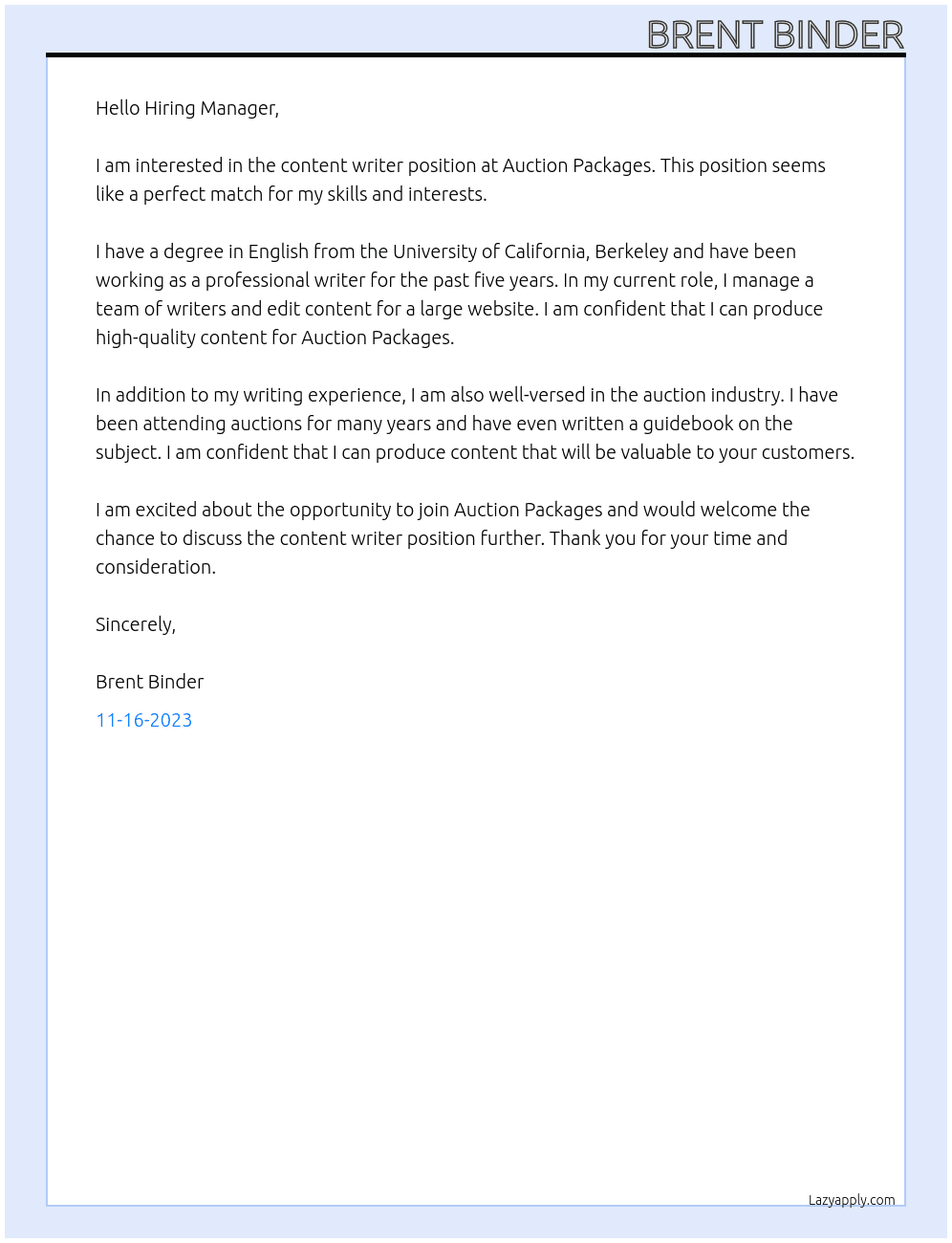 Content Writer At Auction Packages Cover Letter