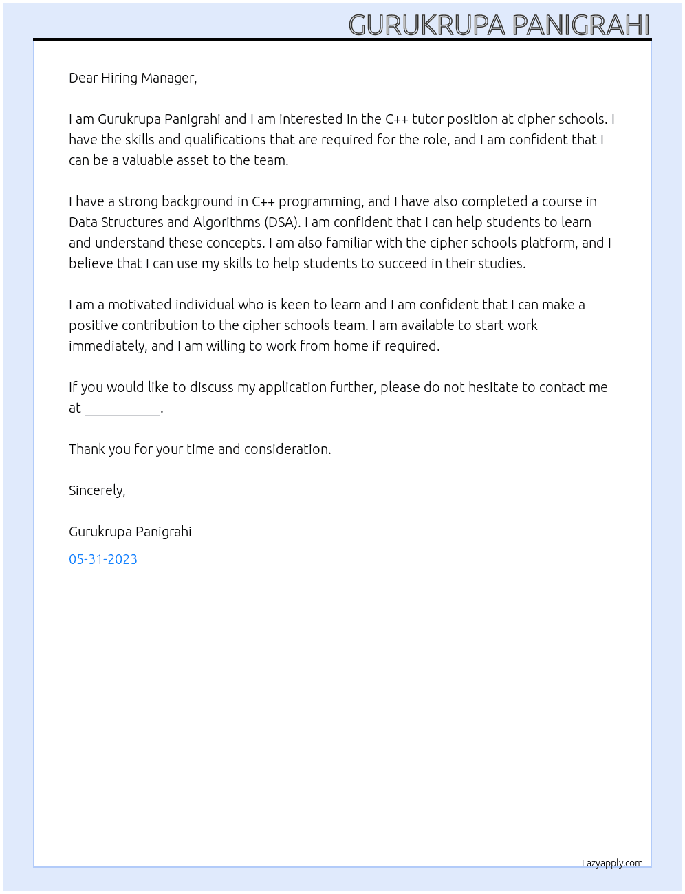C++ tutor At cipher schools Cover Letter