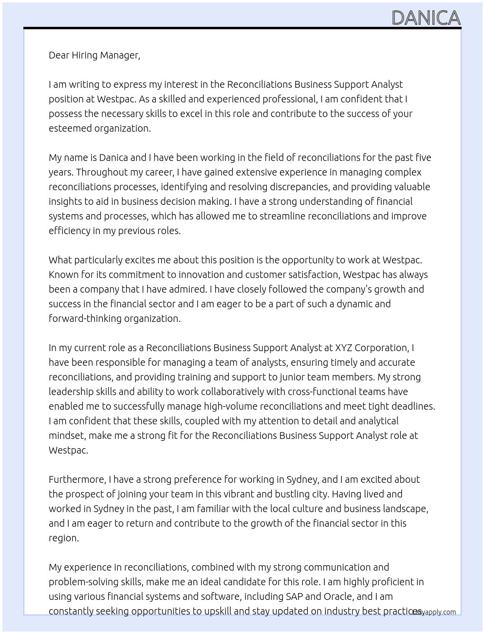 Reconciliations Business Support Analyst At Westpac Cover Letter