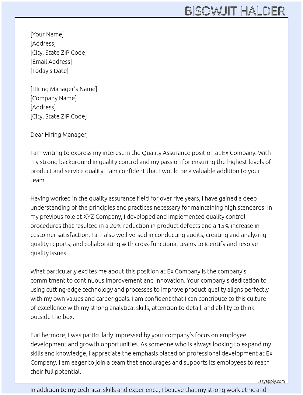 Quality Assurance  At Ex company  Cover Letter
