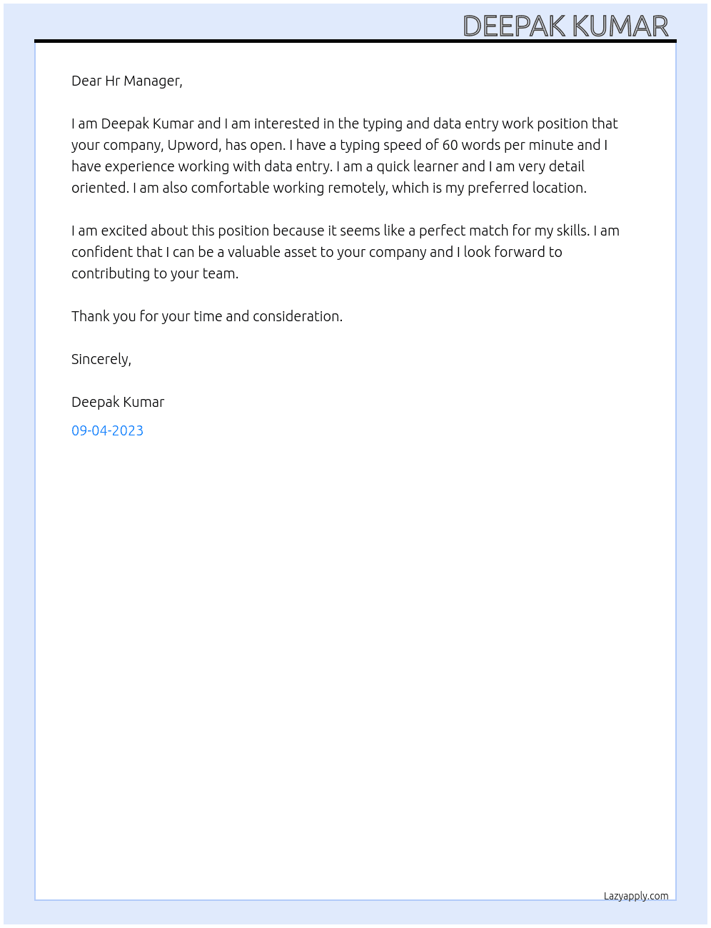 Typing and data entry work At Upword  Cover Letter