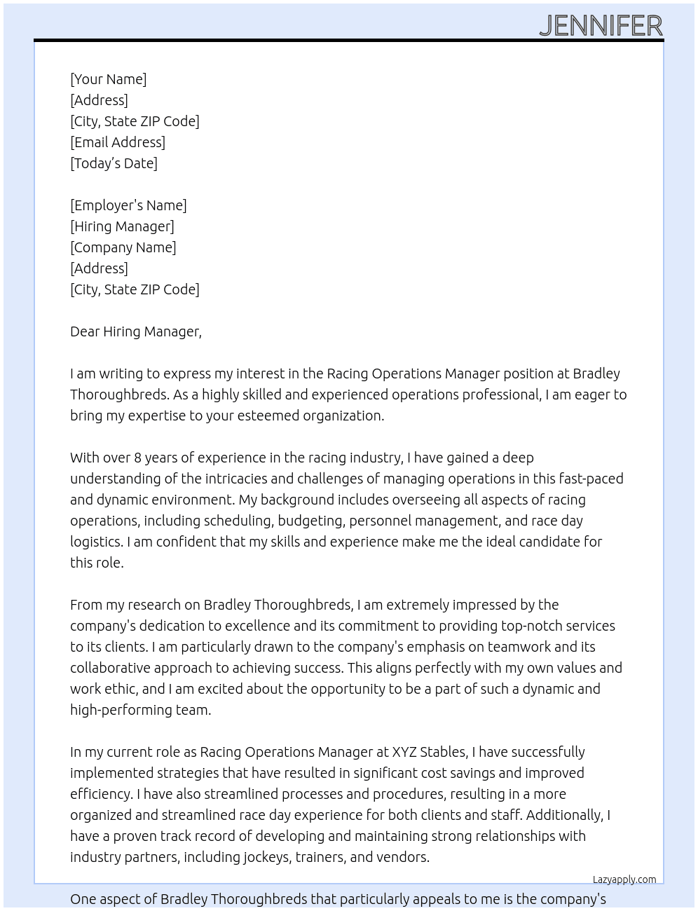 Cover letter for racing operations manager - LazyApply