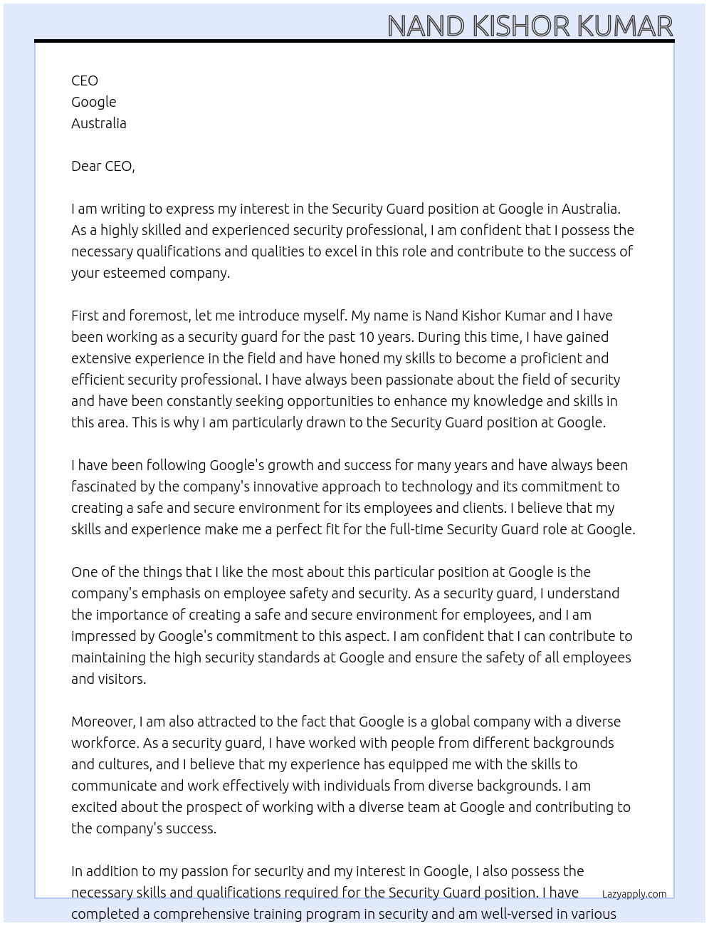 Cover letter for security gard - LazyApply
