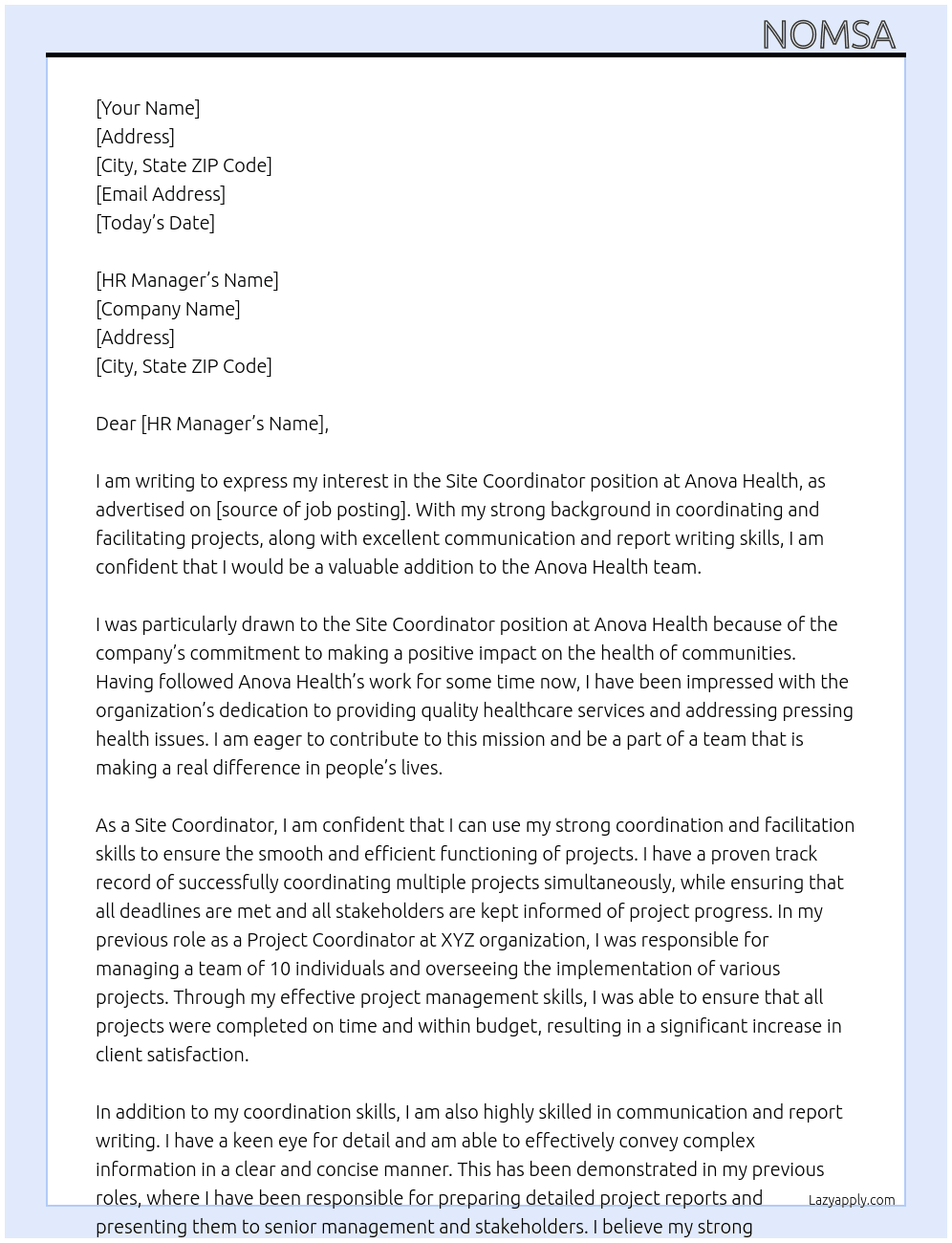 Site Coordinator  At Anova Health  Cover Letter
