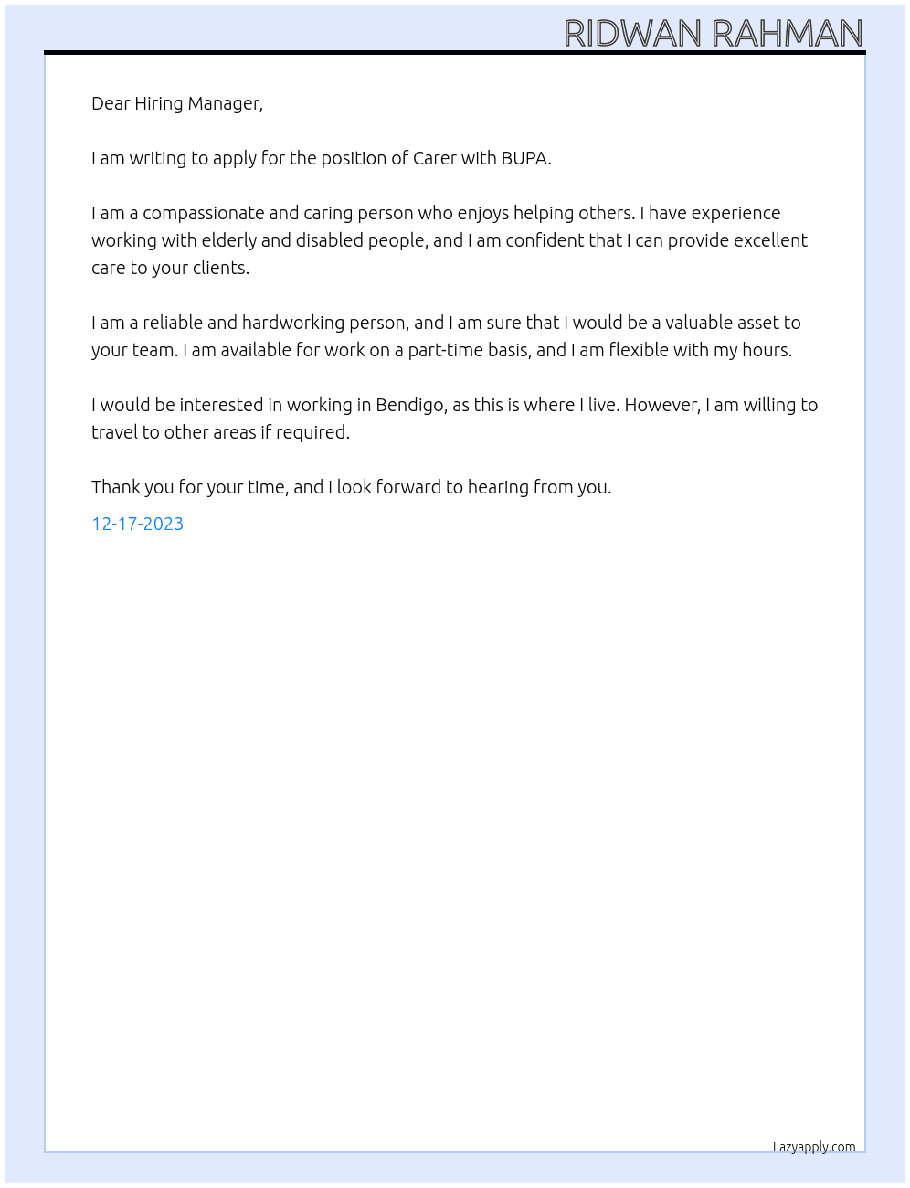 Carer At BUPA Cover Letter
