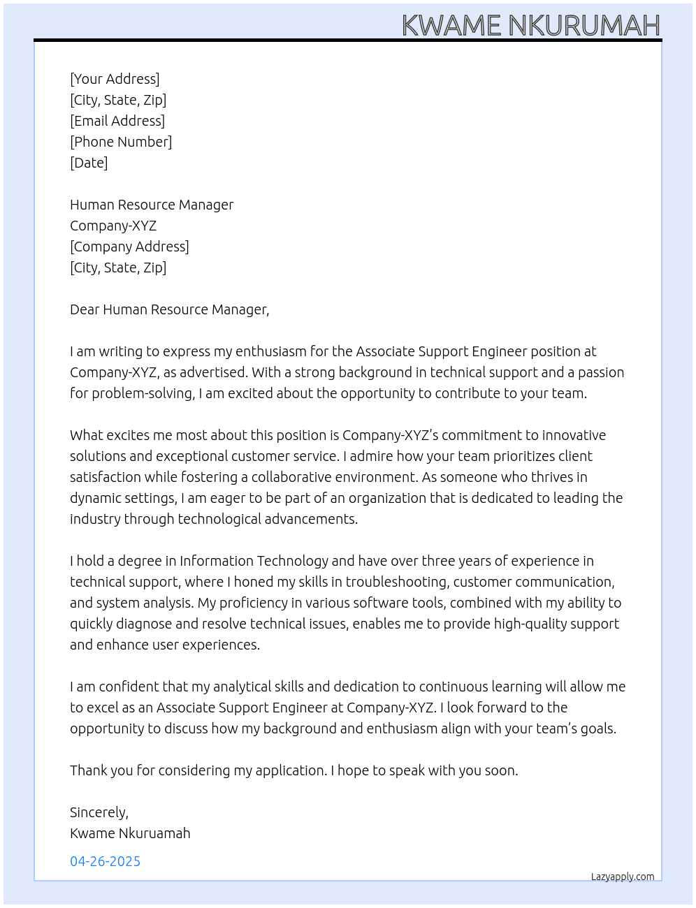 Cover letter for associate support engineer - LazyApply