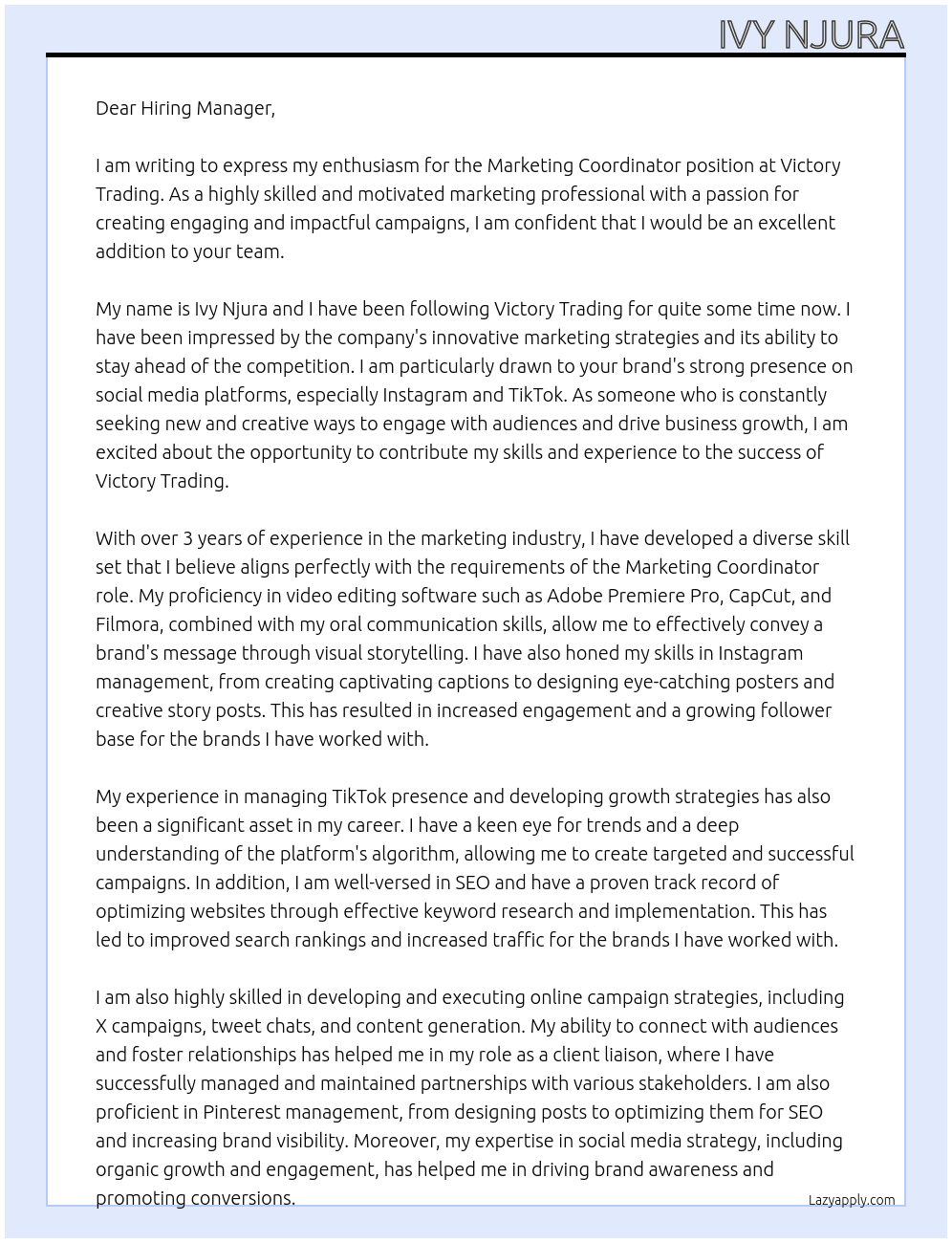 Marketing coordinator At Victory Trading Cover Letter