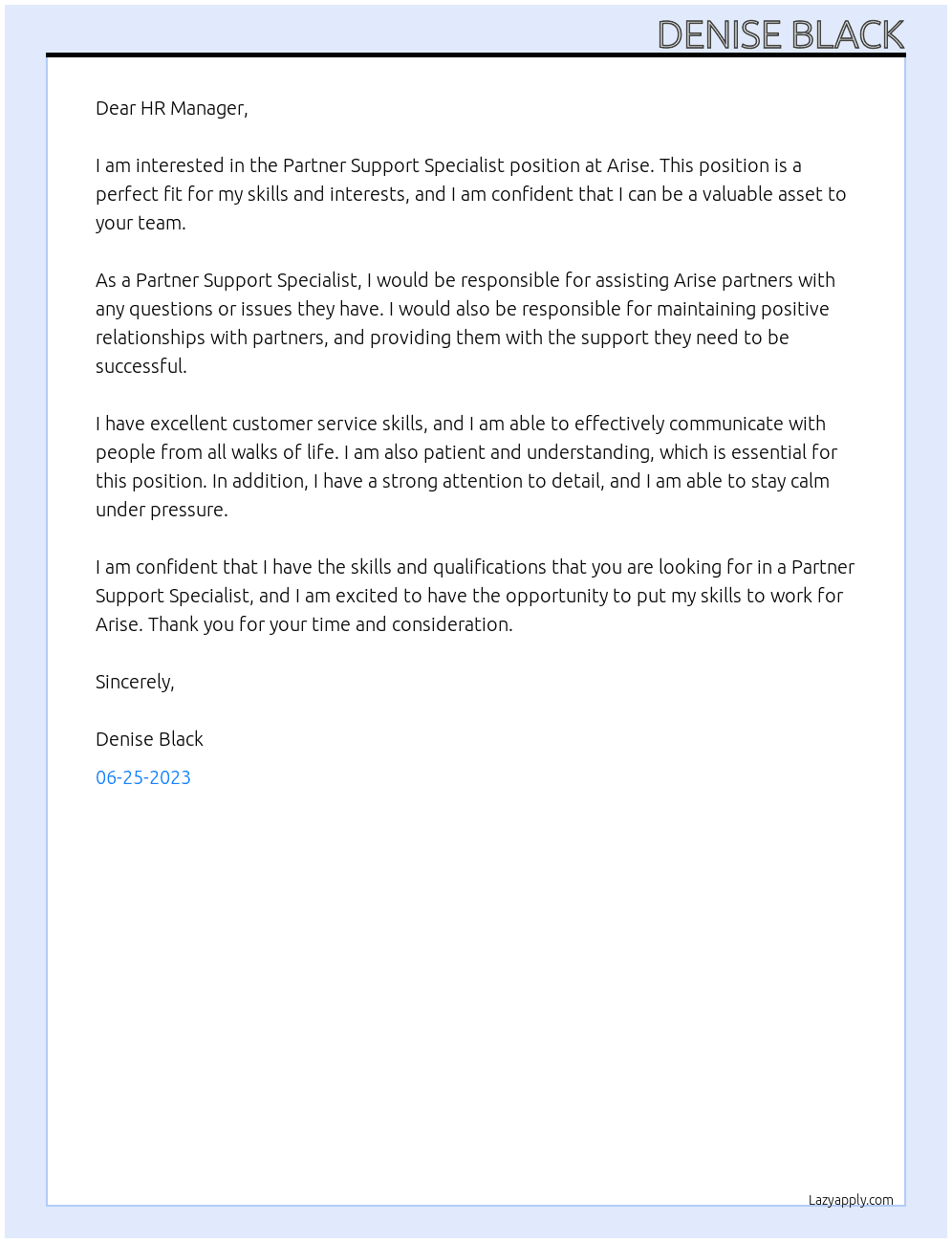 Partner Support Specialist At Arise Cover Letter
