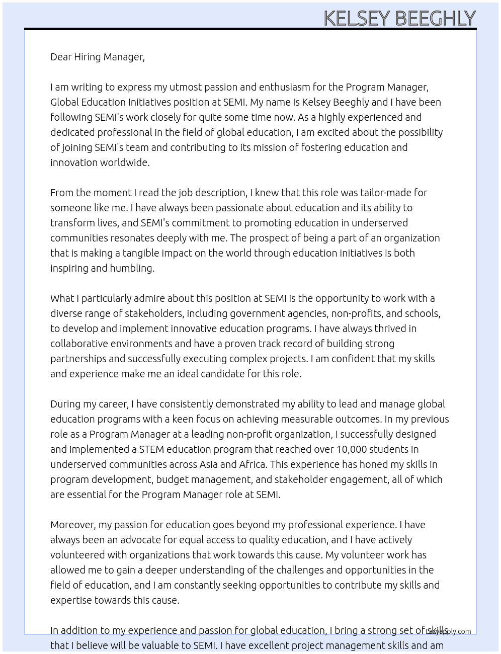 Program Manager, Global Education Initiatives At SEMI Cover Letter