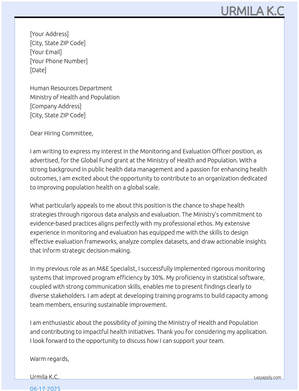 global fund grant At ministry of health and population Cover Letter