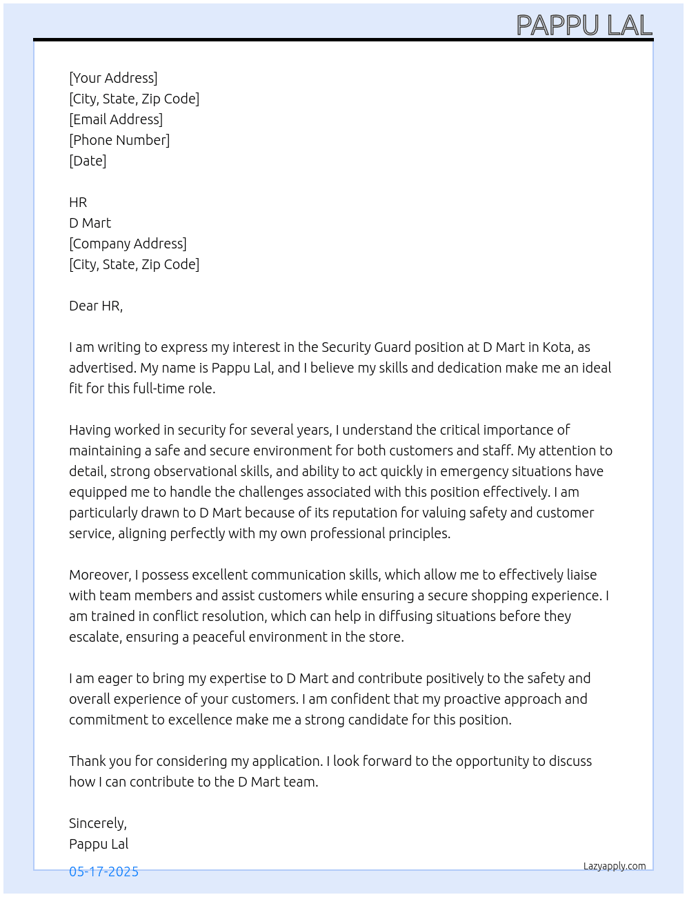 Security guard  At D mart Cover Letter